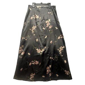 Vintage 90s Y2K Long Black Satin Floral Skirt Size 9 Whimsigoth Grunge Fairy USA